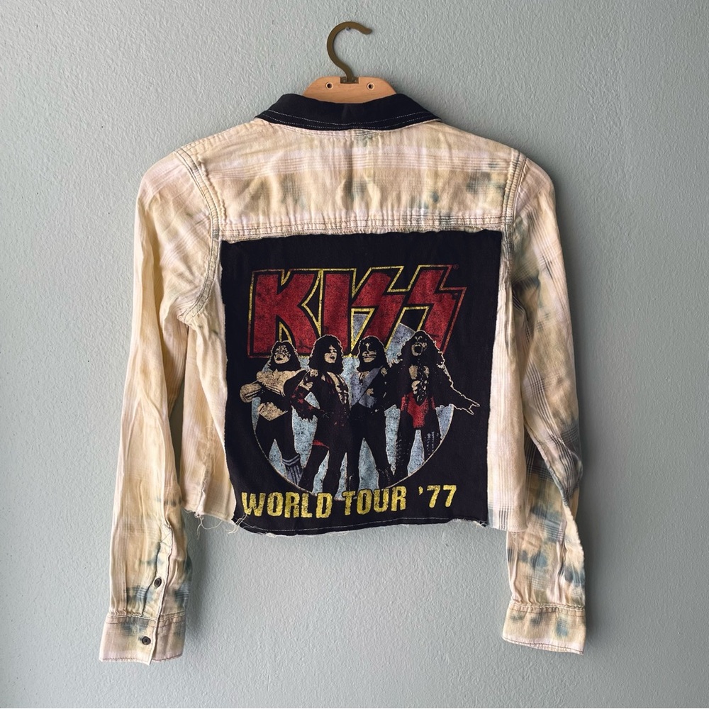 Reworked | KISS World Tour ‘77 Bleach Dyed Crop Plaid Button Down Shirt